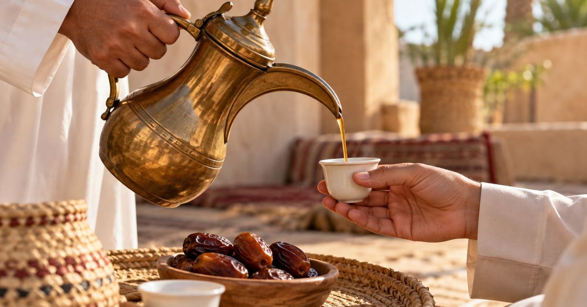 مشهد مولّد بالذكاء الاصطناعي: أيدٍ تقدّم القهوة العربية من دلّة إلى فنجان صغير بجوار وعاء تمر.