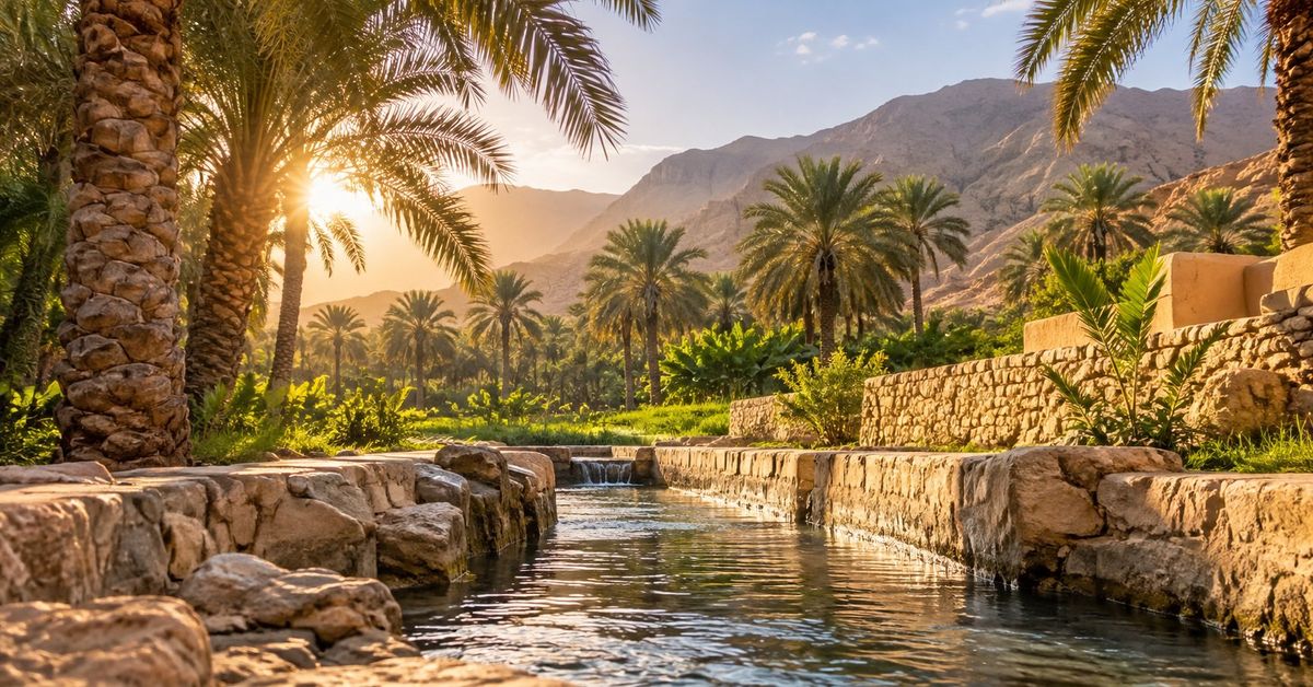 مشهد مولّد بالذكاء الاصطناعي: بستان نخيل وقناة ري تقليدية في واحة صحراوية مضيئة.