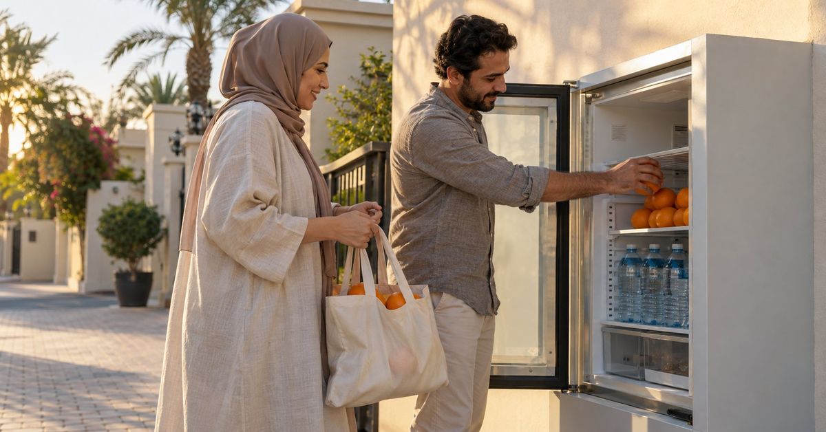 مشهد مولّد بالذكاء الاصطناعي: جاران يُحضران الفاكهة وقوارير الماء لإعادة ملء ثلاجة مجتمعية.