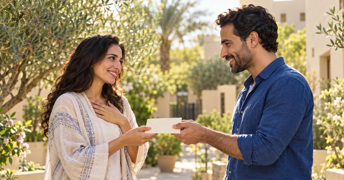 A smiling woman, hand on her heart, receives a small thank-you envelope from a neighbour in a sunlit courtyard.